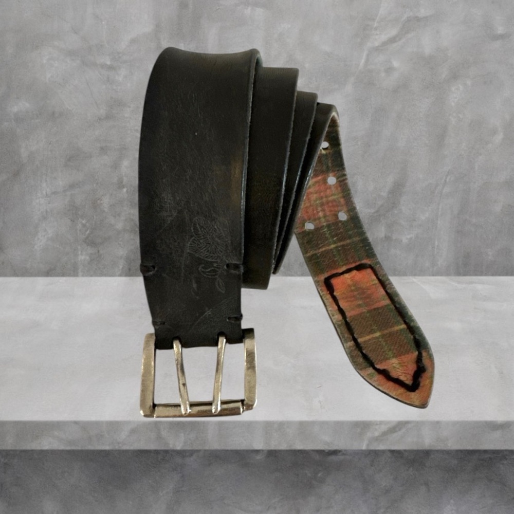 VINTAGE Leather Belt Double Prong PLAID BACK EMBOSSED PAISLEY'S XL